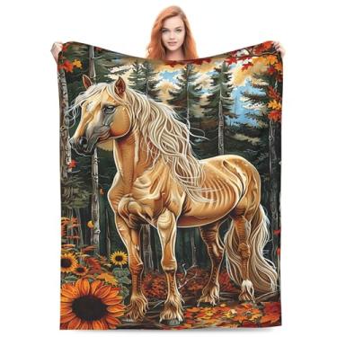 Imagem de Cobertor de cavalo de outono - flanela macia, cobertor aconchegante com estampa de animal para sala de estar, quarto, escritório, presentes ideais para crianças, amantes de cavalos, 127 x 101 cm