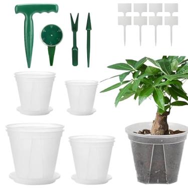 Imagem de onaner Vasos de plástico para plantas com orifícios de drenagem, pacote com 8 vasos de berçário e ferramentas de transplante, incluindo garfo de afrouxamento, espátula de transplante, lâmina para
