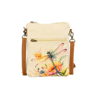 Imagem de COTT N CURLS Dragonfly Dream Slim Sling Bag para mulheres - 86 x 19 cm bolsa de libélula para mulheres, tela estampada floral em aquarela, alça de couro, lindo presente de aniversário para mãe, irmã