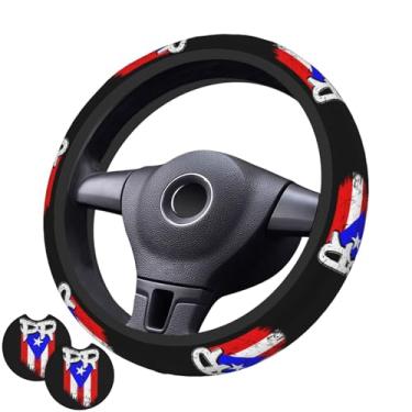 Imagem de Capa de volante com bandeira de Porto Rico com 2 porta-copos de carro antiderrapante de neoprene para mulheres e homens, conjunto universal de 38 cm, elegante e prático