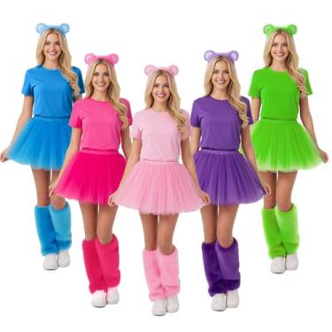Imagem de Syhood 4 peças de fantasia de urso adulto com orelhas de urso, faixa de cabeça, camiseta, saia tutu, polainas de pele sintética para mulheres cosplay (GG, rosa)