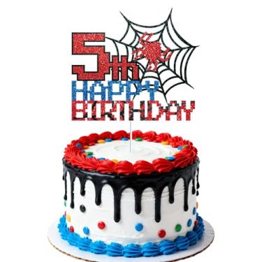 Imagem de Topo de Bolo Aniversário Aranha Pixelado, Topo Bolo Aniversário com Teia Aranha Brilhante para Meninos Meninas Lembrancinhas e Decoração para Festa Temática (5º)