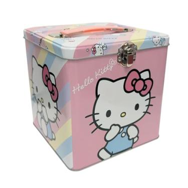 Imagem de The Tin Box Company Lata de armazenamento Hello Kitty Stack Store, recipiente quadrado de metal com alça, 14 x 14 x 14 cm, design rosa e azul, idades a partir de 3 anos