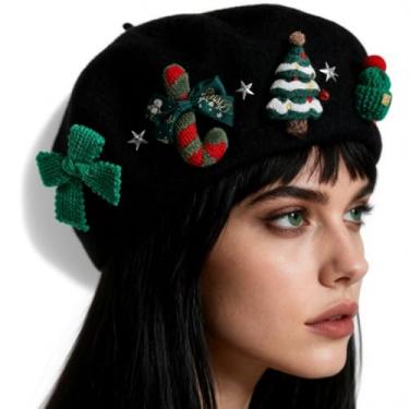 Imagem de Boina para Natal, chapéu festivo decorativo de árvore de Natal, um presente moderno e versátil, para o Natal, Dia dos Namorados, Preto, Tamanho Único