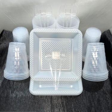 Imagem de Kit 260 Itens Descartaveis Festa Aniversário Prato Quadrado Diamante Plástico Colorido Perolado Candy Pastel (Transparente)