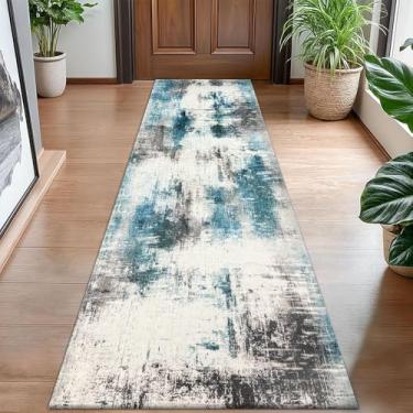 Imagem de 50,8 cm x 149,9 cm Tapete de corredor de lavanderia moderno lavável tapete abstrato de cozinha com tapete antiderrapante macio para decoração de quarto (azul/cinza, 1'20.3 cm x 4'27.9 cm (retangular))