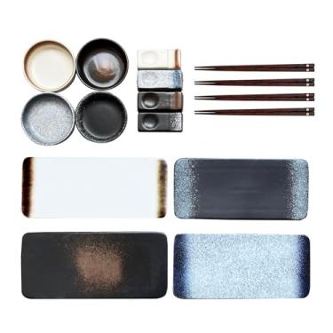 Imagem de FYUEROPA 16 peças de pratos de sushi com molho, pauzinhos e suporte de pauzinhos, travessas retangulares de cerâmica, conjunto de pratos de sushi, conjunto de louça japonesa