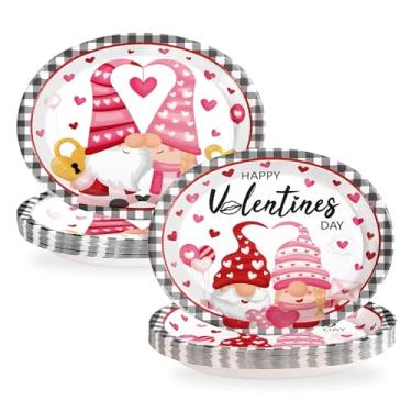 Imagem de 50 peças de pratos ovais de papel para o dia dos namorados, 25,4 x 30,5 cm, grandes, descartáveis, resistentes, corações, gnomos, amor, branco, preto, buffalo, xadrez, gnomo, pratos de sobremesa, para