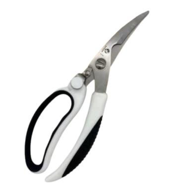 Imagem de Tesoura Culinária para Frango, Aço Inox, Cabo Branco Anatômico, 23cm, com Trava de Segurança e Mola de Abertura Automática, para Cozinha e Açougue