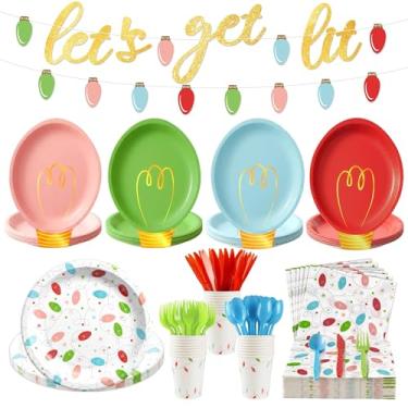 Imagem de 177 peças de decoração de artigos de festa de Natal, lâmpada de Natal descartável, pratos de papel, guardanapos, copos, talheres de plástico, servir 25, conjunto de louça descartável resistente para