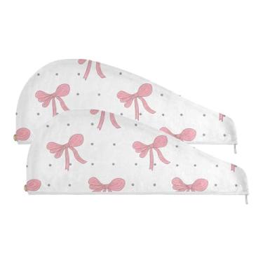Imagem de SEHANY Linda toalha de cabelo de microfibra com laço rosa para mulheres, 2 peças, turbantes de cabelo de secagem rápida com botão, touca de cabelo seco absorvente toalha de secagem de cabelo para