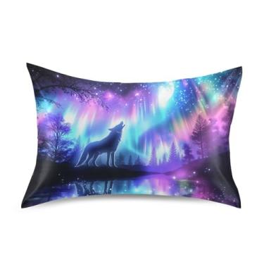 Imagem de Blueangle Aurora Boreal Fronha de cetim lobo para cabelo e pele, fronha de seda, tamanho padrão (50,8 x 66 cm) - Capas de almofada de cetim refrescantes com fecho de envelope (415)