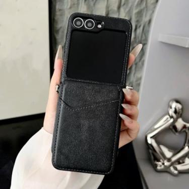 Imagem de Capa de luxo com compartimento para cartões e carteira para Samsung Galaxy Z Flip 7 6 5 4 3 5g Zflip7, capa lisa em couro (para Galaxy Z Flip4/Preta)