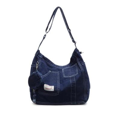 Imagem de Bolsa tiracolo jeans ajustável com bolsa de moedas, bolsa de ombro com vários bolsos para mulheres, bolsa de lona para viagens diárias, Azul marinho, Medium