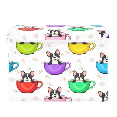 Imagem de STAYTOP Caixotes de armazenamento fofos para cães franceses sentados em copos coloridos com tampas e alça de transporte, caixas de armazenamento dobráveis para casa, quarto, armário, escritório