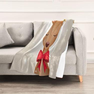 Imagem de Wassud Cobertores e mantas de Natal 152 x 228 cm cervo com laço cobertor para sofá, cobertor quente aconchegante de lã de pelúcia para cama, sofá, cadeira, decoração de casa