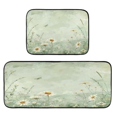 Imagem de Wassud Tapetes de cozinha de flores verdes para piso decoração de casa tapetes de cozinha acolchoados antifadiga tapetes de cozinha antiderrapante lavável essencial de cozinha conjunto de 2