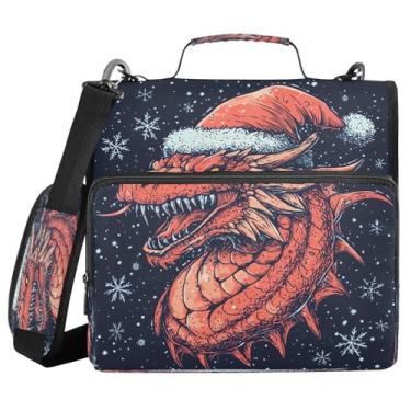 Imagem de STAYTOP Dragão vermelho usando um chapéu de Papai Noel, fichário com zíper com alça de ombro, anéis D de 3,8 cm, material escolar e de escritório