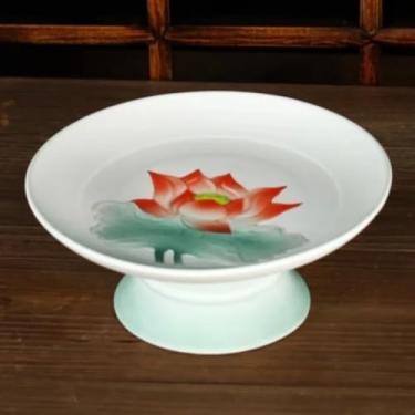 Imagem de FENNYYAR Prato de frutas de lótus, oferta de templo budista pintado de cerâmica, 17,5 cm, 17,5 cm, pratos de pé alto oferecendo bandeja suprimentos budistas