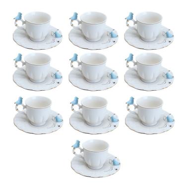 Imagem de Jogo 10 Xícara De Café Porcelana Birds Azul E Branca Fio Dourado Pássaro Com Pires 100ml Wolff