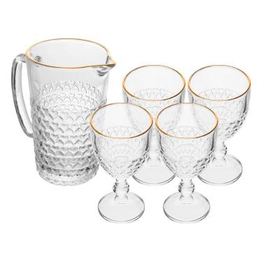 Imagem de Jogo De Taças Com Jarra Coração 5 Peças Borda Dourada Fio Dourado Vidro Transparente 1l 320ml Lyor