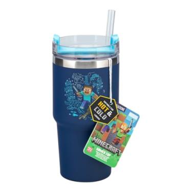 Imagem de Paladone Copo e canudo Minecraft 600 ml com isolamento azul, copo de água oficialmente licenciado para bebidas quentes e frias, chá, café,