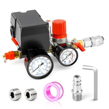 Imagem de MEANLIN MEASURE Válvula de controle do interruptor de pressão do compressor de ar 95-125 PSI 110V-240V peças de reposição de 4 vias com regulador de compressor de ar, válvula de alívio de pressão de