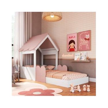 Imagem de Cama Infantil Montessoriana Casinha Branca e Rosa Completa Móveis