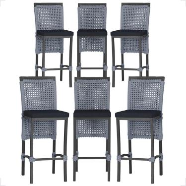 Imagem de 6 Banqueta Em Alumínio Roma Preta Corda Náutica Tecido 12 Prata