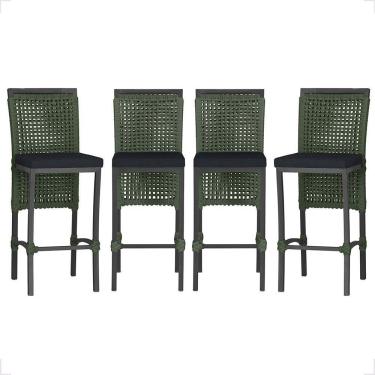 Imagem de 4 Banqueta Em Alumínio Roma Preta Corda Náutica Tecido 12 Verde