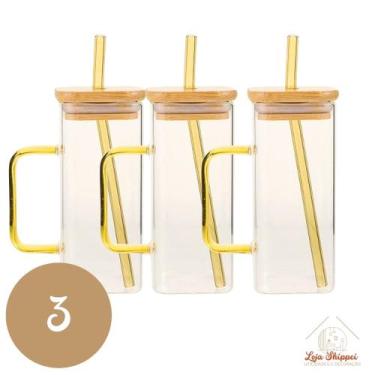 Imagem de Copo de Vidro Quadrado 350ml com Alça e Tampa Bambu e Canudo - TOP ÚTI