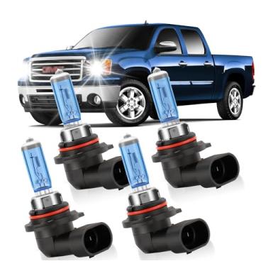 Imagem de KINGSOFE Combo de lâmpadas de farol de halogênio direto para GMC Sierra 1999-2006 GMC Sierra 1500 2500 3500 HD, 9005/HB3/H10 farol alto 9006/HB4 farol baixo, Plug and Play, pacote com 4