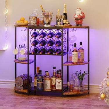Imagem de JKsmart Armário de bar de vinho com luzes LED, mini rack de vinho com armazenamento e suporte de vidro, carrinho de bar doméstico para bebidas, mesa de bar de 3 níveis para cozinha, sala de jantar