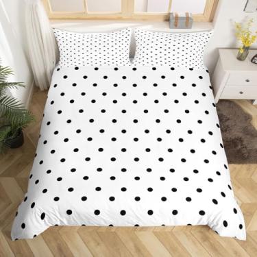 Imagem de jejeloiu Capa de edredom de bolinhas tamanho casal meninos meninas preto geométrico conjunto de cama respirável macio simples moderno capa de edredom 3 peças desenho animado estilo francês decoração