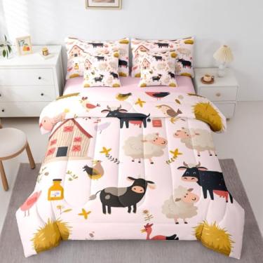 Imagem de Feelyou Jogo de cama solteiro fofo de animais de fazenda, rosa, 7 peças, animais de ovelha, vaca e fazenda, em uma bolsa com edredom, lençóis, fronhas, capas de almofada