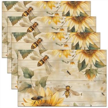 Imagem de Jogo americano com girassol, 30 x 45 cm, conjunto de 4 lindos jogos americanos à prova d'água para casa de fazenda, porta de celeiro de madeira, limpável, ocidental, rústico, à prova de arranhões