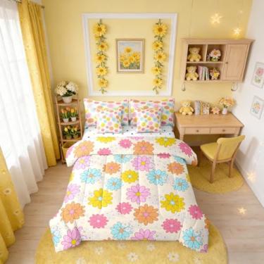 Imagem de Erosebridal Jogo de cama solteiro de flores de desenho animado, tamanho solteiro, para meninas adolescentes, conjunto de edredom floral fofo com lençol para crianças, azul, amarelo e rosa em uma bolsa