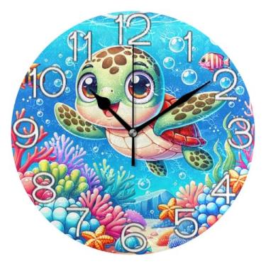 Imagem de GAIGEO Relógio de parede analógico decorativo operado por bateria relógio de sala de aula, sala de estar, decoração de parede moderna, tartaruga verde, 25 cm, ponteiros pretos