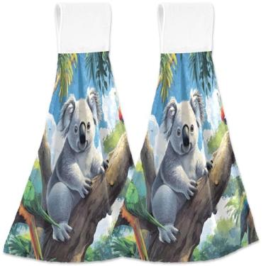 Imagem de TSENQUE Toalhas de mão de cozinha personalizadas com laços para pendurar, coalas, papagaios, árvore tropical, toalhas de gravata de banheiro fofas, conjunto de 2 desenhos animados, ultra absorventes