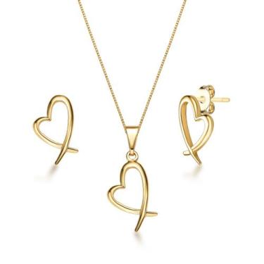 Imagem de Kit Coração Colar Brinco Pingente Joias Folheada a Ouro 18k - Couti