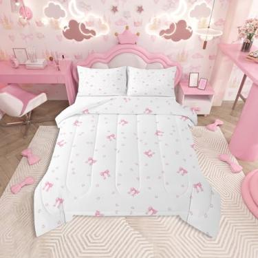 Imagem de jejeloiu Jogo de cama casal com laço fofo, para crianças, meninos, meninas, rosa, meninas, edredom com laço, coração, decoração de quarto de microfibra, 3 peças com 2 fronhas