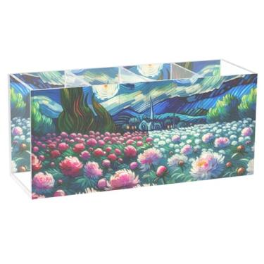 Imagem de TSENQUE Lindo porta-lápis de mesa, flores de peônia, noite estrelada, copo de acrílico para canetas, organizador personalizado, armazenamento de escritório, decoração de mesa