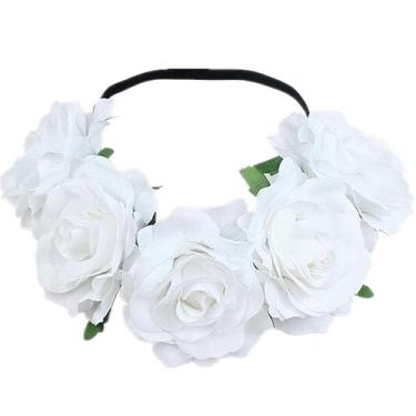 Imagem de AKOAK 1 guirlanda de cabelo com coroa de rosa, faixa de cabeça de flor boêmia mexicana para mulheres e meninas, acessórios de casamento, para casamentos, cosplay, viagens, praia, fotos, festas (branca