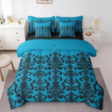 Imagem de Feelyou Conjunto de edredom gótico damasco, tamanho Queen, 7 peças, gótico azul-petróleo, floral, damasco, cama barroca vitoriana antiga em uma bolsa com edredom, lençóis, fronhas, capas de almofada