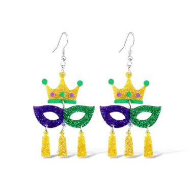 Imagem de Brincos de carnaval, joias femininas com contas para festa de carnaval, acessórios para fantasia festiva, roxo, dourado, verde, flor de lis, pendurado, decoração festiva de férias, Metal, Sem pedra
