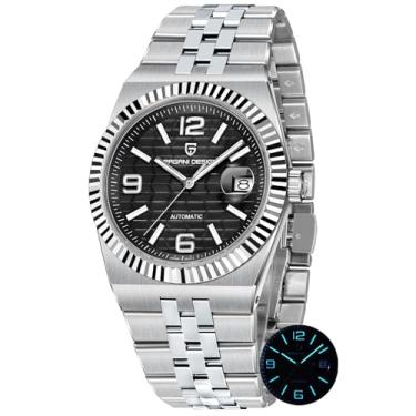 Imagem de Pagani Design Relógios masculinos analógicos, mecânicos automáticos, relógio de pulso de aço inoxidável 316L, vidro safira de 40 mm, calendário luminoso à prova d'água 100 m, Prata, preto