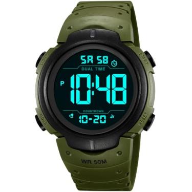 Imagem de PASOY Relógio digital masculino feminino grande luz LED natação impermeável pulseira de borracha alarme preto LED relógios 50 mm, Verde militar, Esportivo