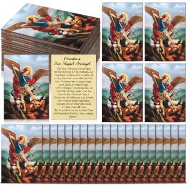 Imagem de Leinuosen 24 peças cartões de oração de São Miguel Arcanjo Madeira Espanhol Religioso Cartão Sagrado para Orações da Igreja Cartões de Oração Católica Primeira Comunhão Batizado Gravação Presente de