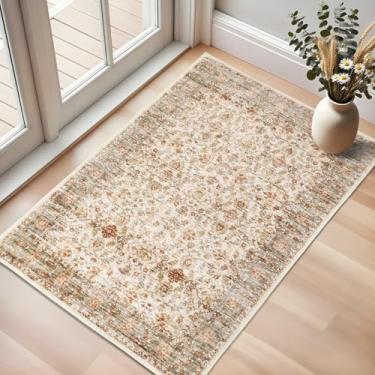 Imagem de Tapete vintage 2х3, suporte antiderrapante, lavável, resistente a manchas, supermacio, envelhecido, tapete persa, ideal para áreas de alto tráfego no quarto, sala de estar, cozinha, entrada, marfim