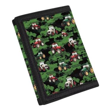 Imagem de Carteira infantil de três dobras com bolsos para moedas, carteira externa com gancho e laço para compras, Trator camuflado